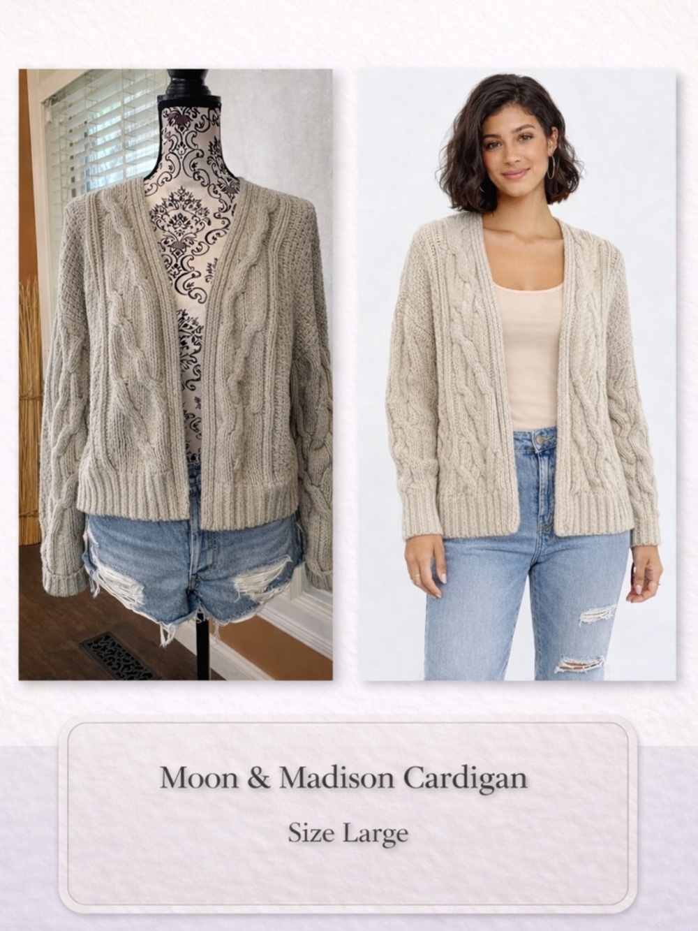 Moon & Madison Cable Knit Cardigan Size Large | Chunky Open Front Cozy Neutral